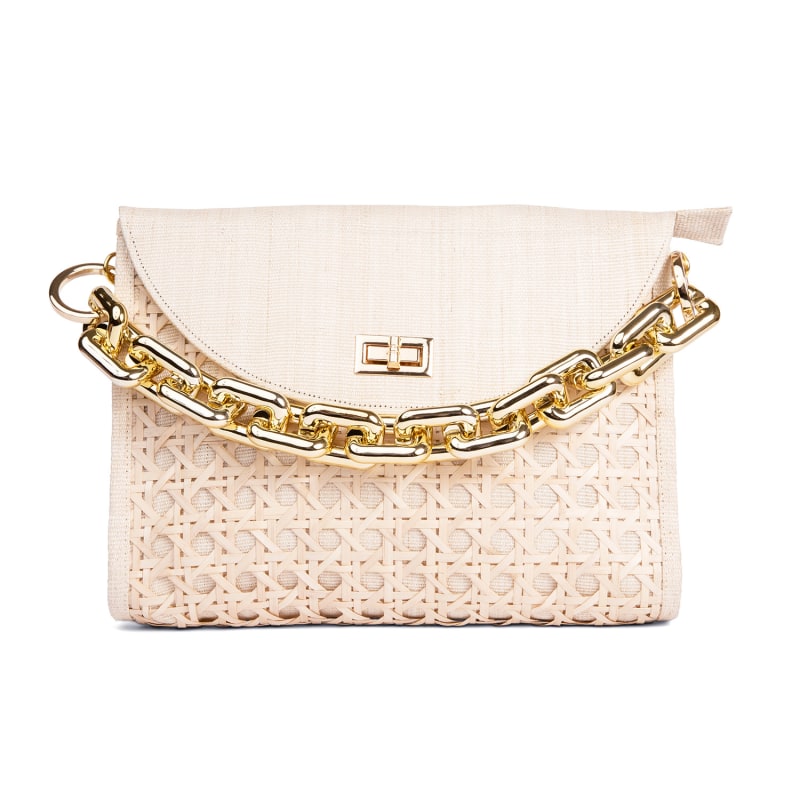 Thumbnail of The Soleil Cream Rattan Woven Clutch With Large Gold Chain image