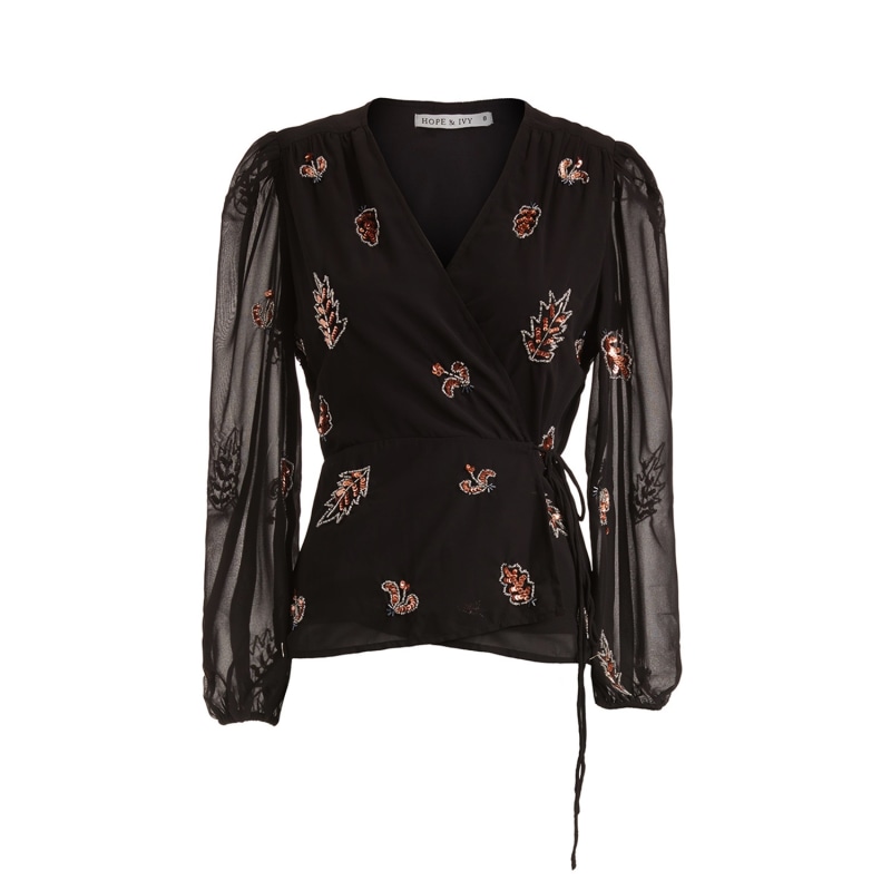 Blouson Wrap Top - Black Floral