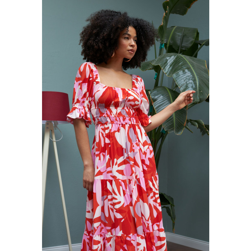 The Tilde Square Neck Midi Dress In Red Leaf Floral by Lavaand