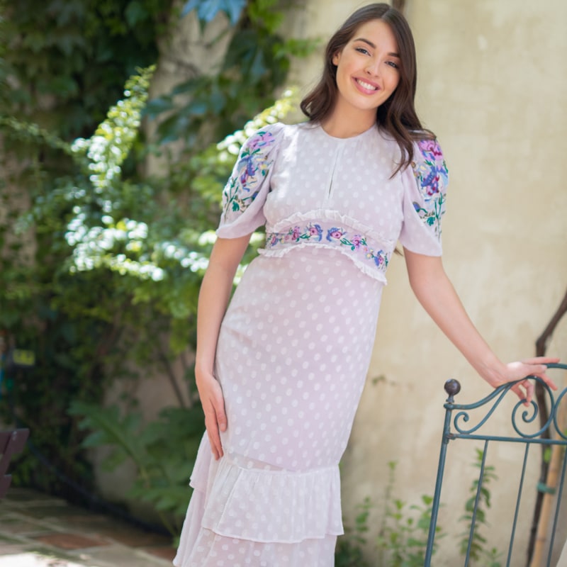 The Valencia Dobby Mesh Embroidered High Neck Midi Dress Hope and Ivy Wolf Badger
