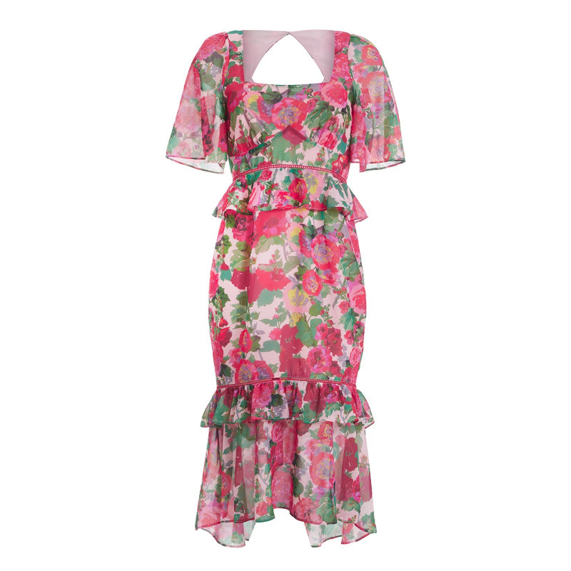 The Virginia Square Neck Peplum Waist Midi Dress With Ladder Trim Hope and Ivy Wolf Badger