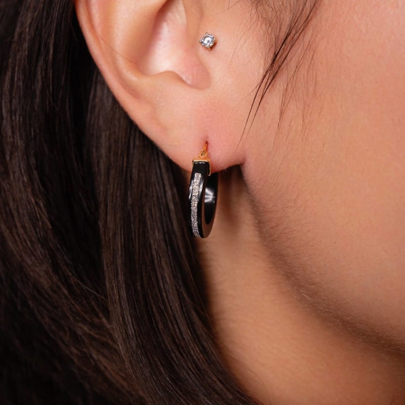 Thumbnail of Thin Glitter Hoop Earrings In Black & Silver image