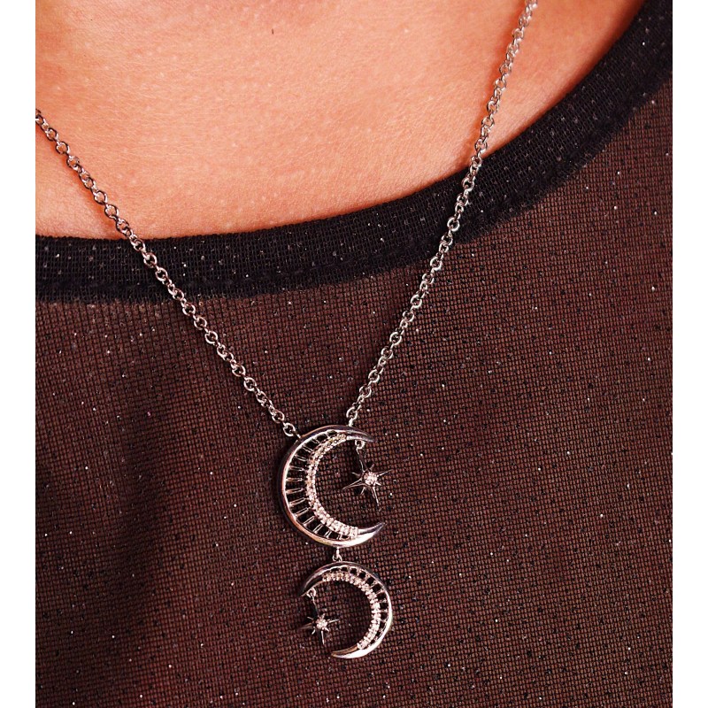 Twin Nights Crescent Diamond Necklace In 14k White Gold Lmj Wolf Badger