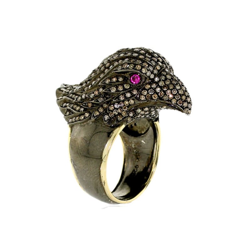 Thumbnail of 14K Gold 925 Sterling Silver With Ruby & Pave Diamond Eagle Shape Antique Ring image