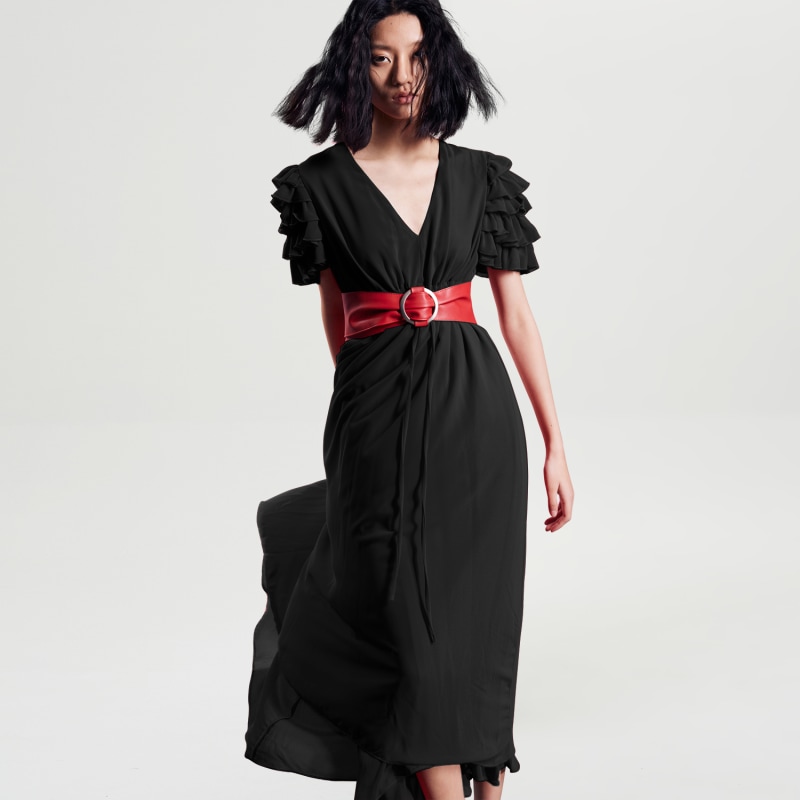 Thumbnail of Tiered Frills Shoulder Long Dress - Black image