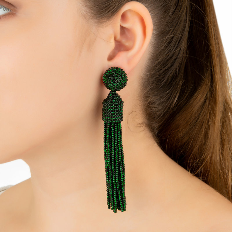 Beaded Fan Tassel Earrings / green — Etnyko