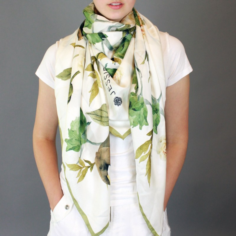 Thumbnail of Silk Scarf In White With Elephant Walking In The Jungle image