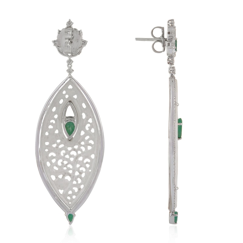 Thumbnail of 18K White Gold Carving Jade Diamond Marquise Shaped Dangle Earrings Jewelry image