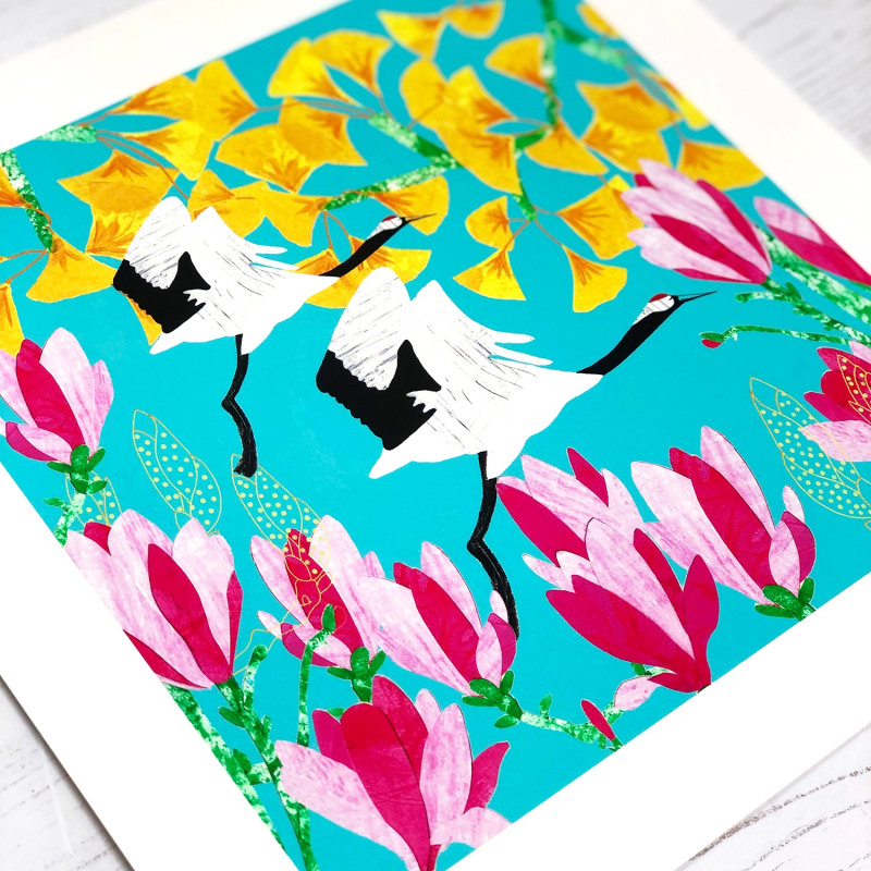 Thumbnail of Giclee Print - Red Crowned Crane, Magnolia & Ginkgo image