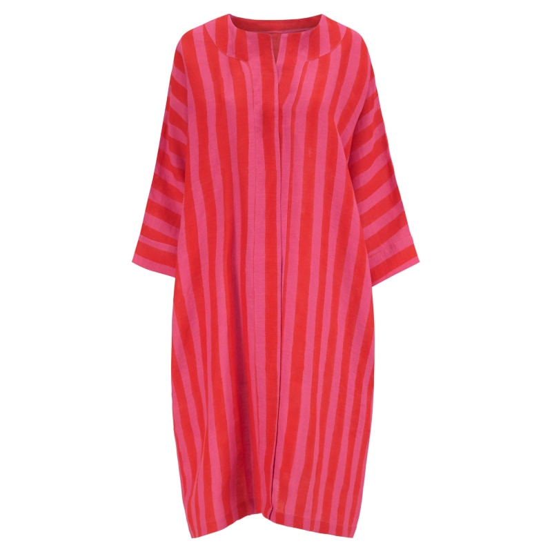 Thumbnail of Toni Open Front Linen Duster Coat With Side Pockets And Three Quarter Sleeves In Fuchsia Cabana Stripe Block Print image