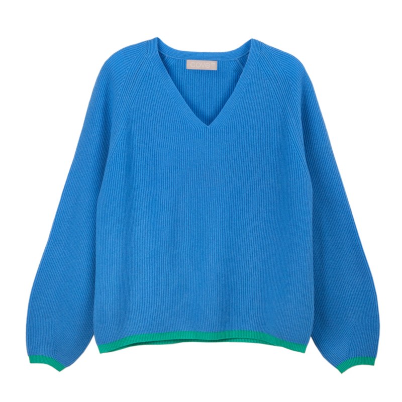 Thumbnail of Tori Blue Ribbed V Neck Jumper image