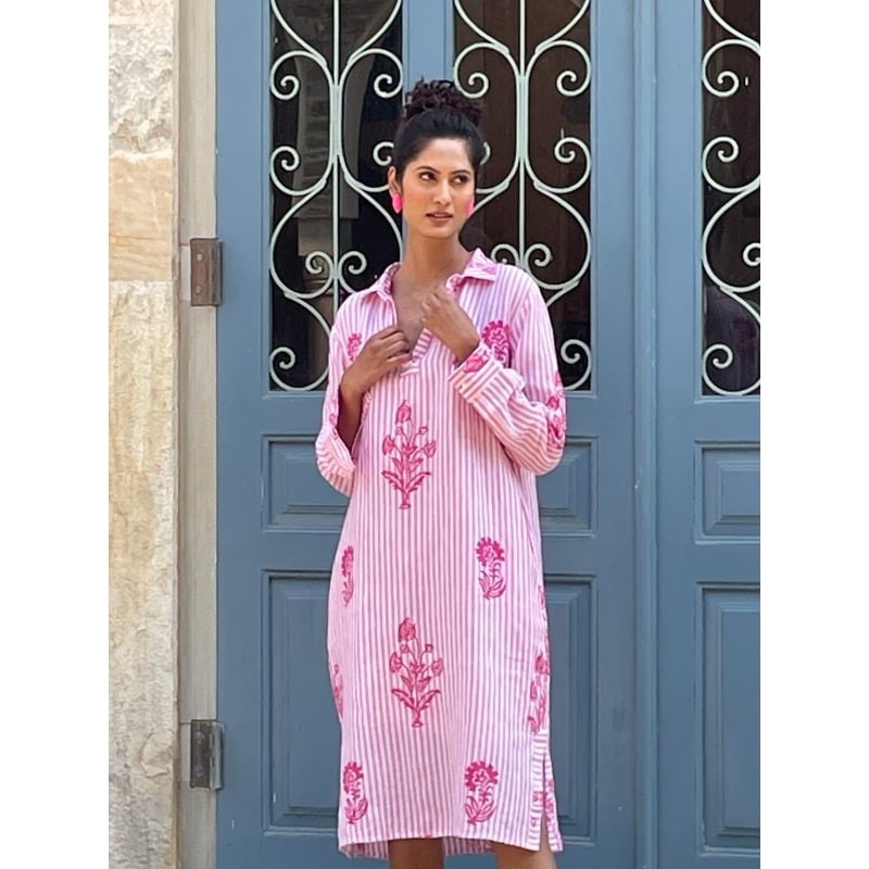 Tourist Hand Printed Stripe Linen Tunic Dress - Pink and White