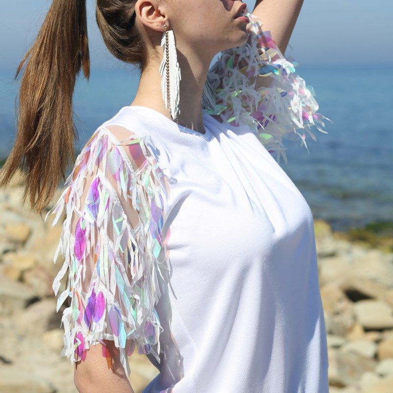 Thumbnail of White Blouse With Large Sequin Sleeves image