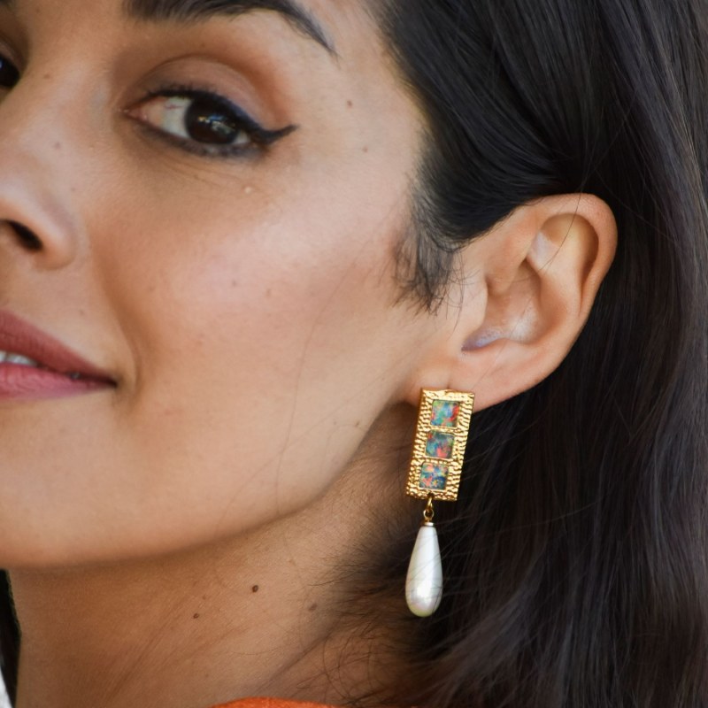 Thumbnail of Sunseeker Gold Opal Statement Earrings With Teardrop Pearls image
