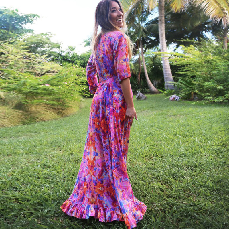 Pink Fire Maxi Ruffle Wrap Dress Sophia Alexia Wolf Badger