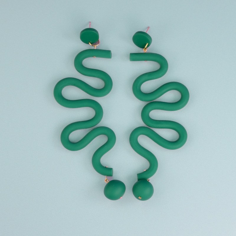 Thumbnail of Tube Squiggles Dangly Statement Earrings In Emerald image