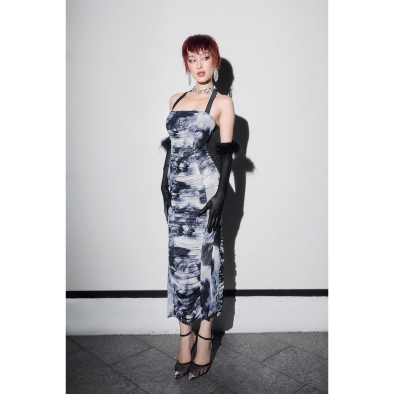 Tulle Halter Midi Dress With Ruched Draping by LASSYVN