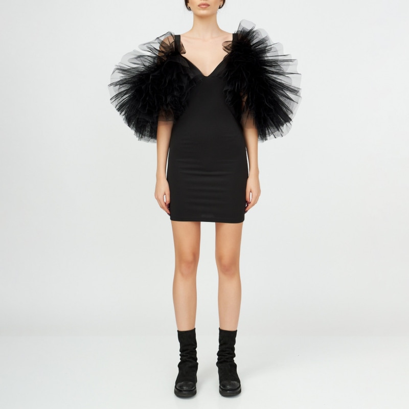 Signature Tulle Trimmed Symmetrical Mini Dress LIA ARAM Wolf Badger