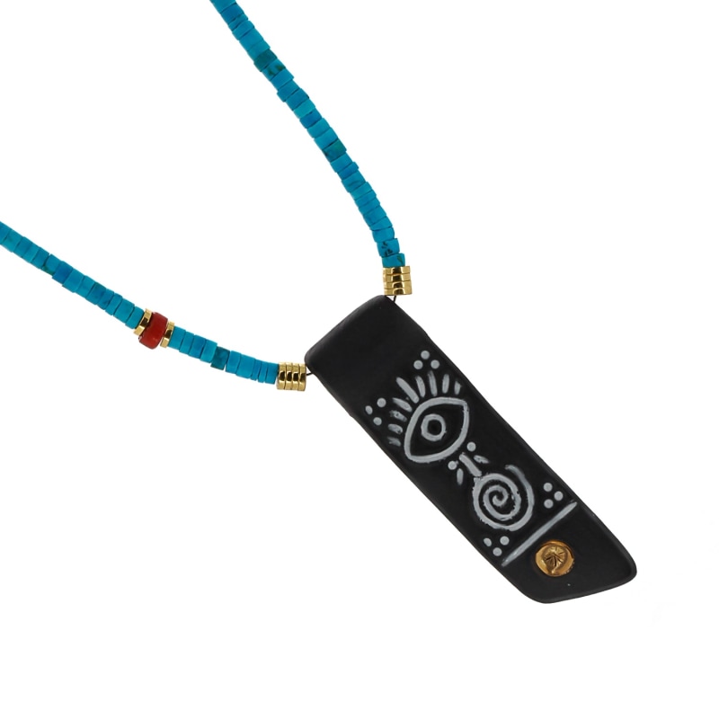 Thumbnail of Black & Protection Symbol Pendant Turquoise Beaded Necklace - Blue image