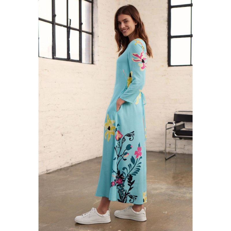 Turquoise Blue Floral Print Panelled Midi Dress