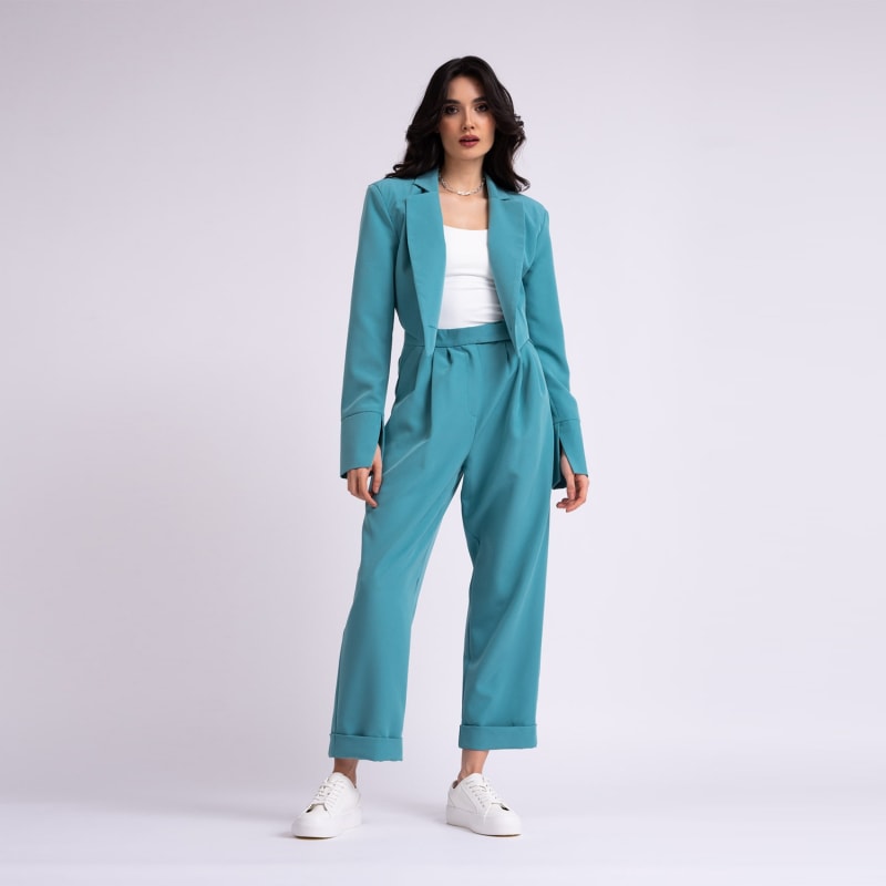 Turquoise Suit With Cropped Blazer And Trousers by BLUZAT