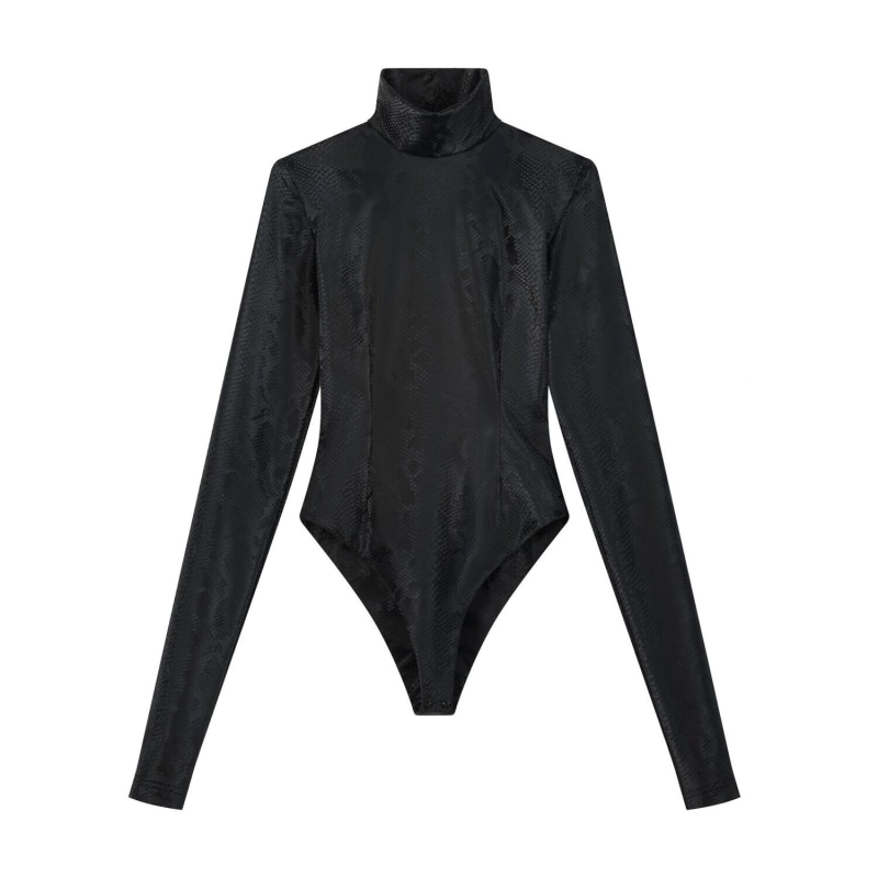 Matte Black Leather Turtleneck Bodysuit