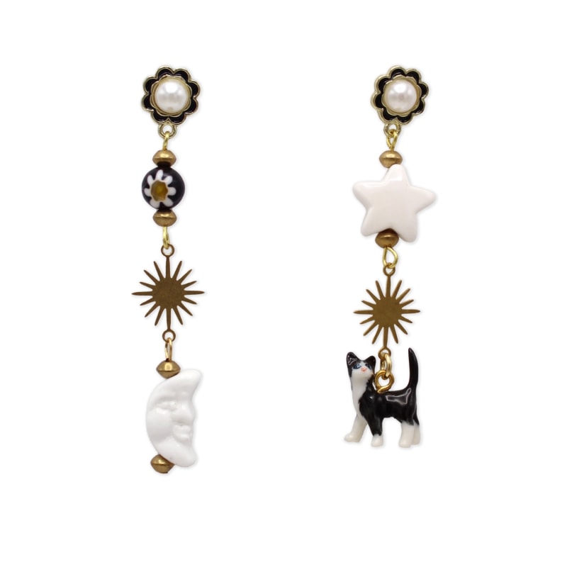 Tuxedo Cat Moon Star Earrings Midnight Foxes Studio Wolf