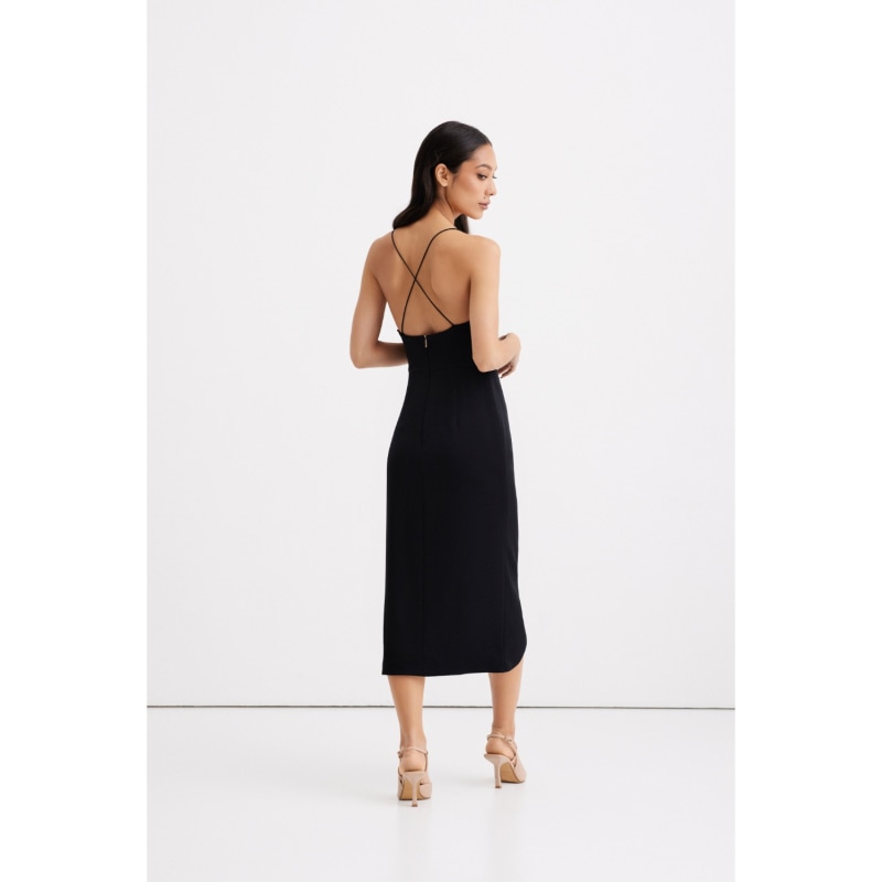 Thumbnail of Selena Black Satin Midi Dress With Straps And Draped Skirt image