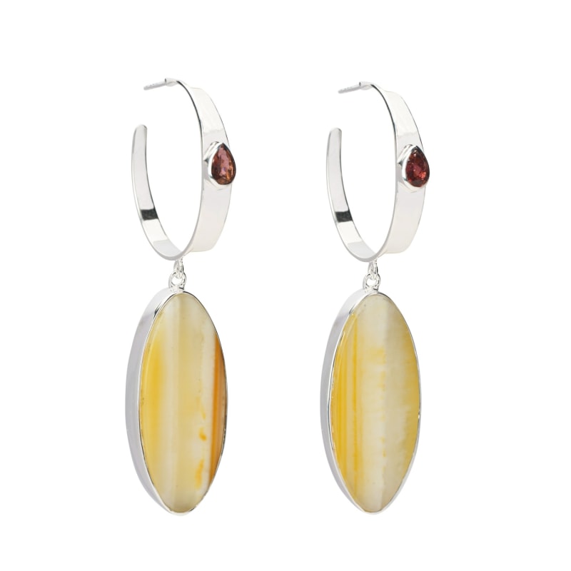 Thumbnail of Yellow Agate Pink Tourmaline Oval Drop Pendant Sterling Silver Hoop Earrings image