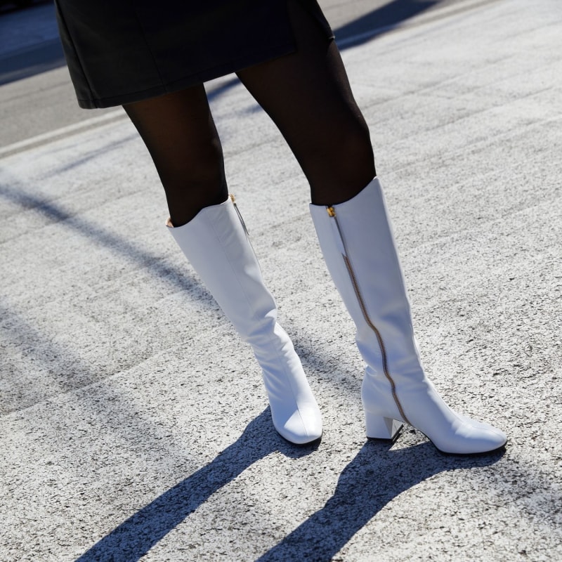 Thumbnail of Twiggy White Leather Go Go Boot With Block Heel image