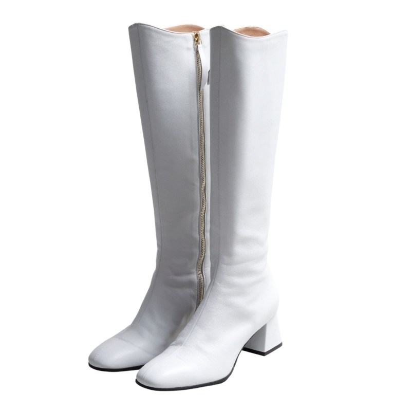 Thumbnail of Twiggy White Leather Go Go Boot With Block Heel image