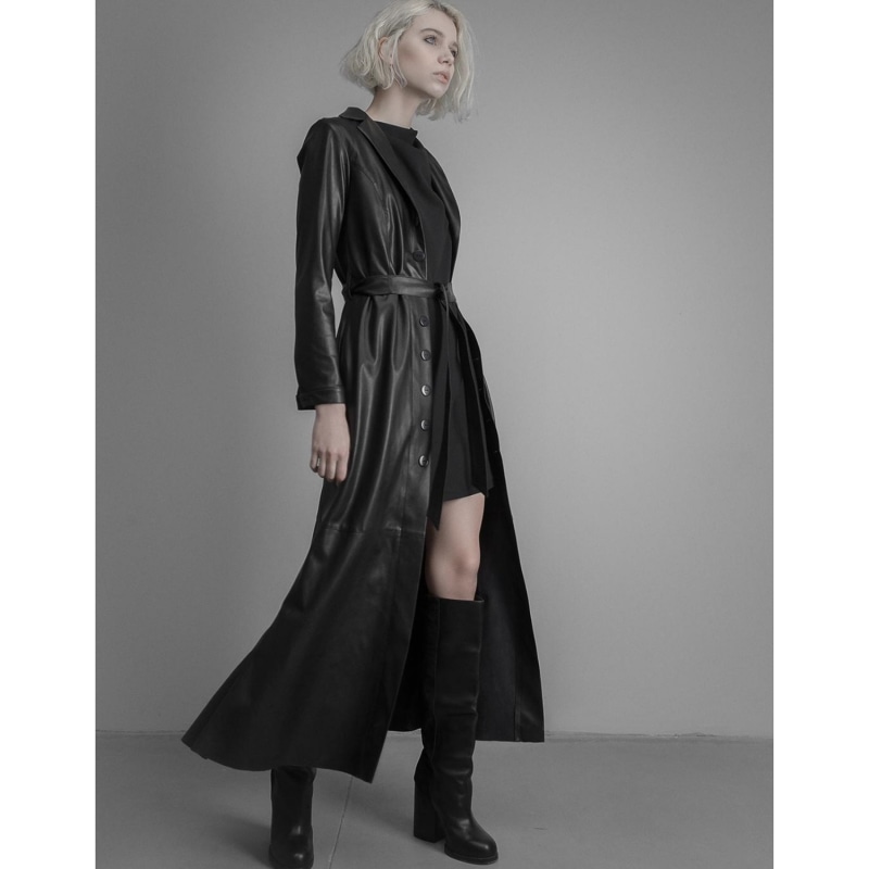 Black Long Button-Up Eco-Leather Trench | Julia Allert | Wolf & Badger