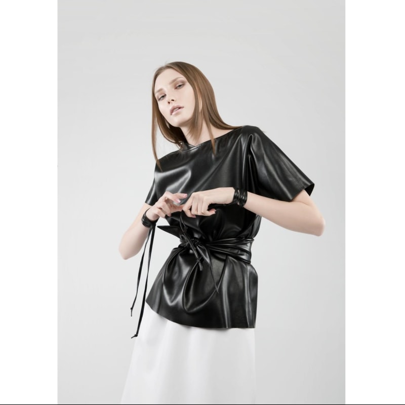 Thumbnail of Faux Leather Blouse With Short Sleeve image