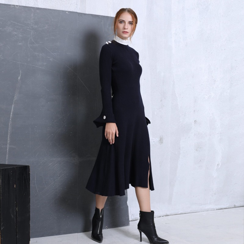 Collared Knit Bodycon Midi Dress with Side Split - Modern Preppy
