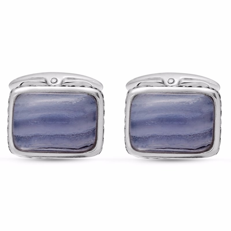 Thumbnail of Blue Lace Agate Stone Cufflinks In Black Rhodium Plated Sterling Silver image