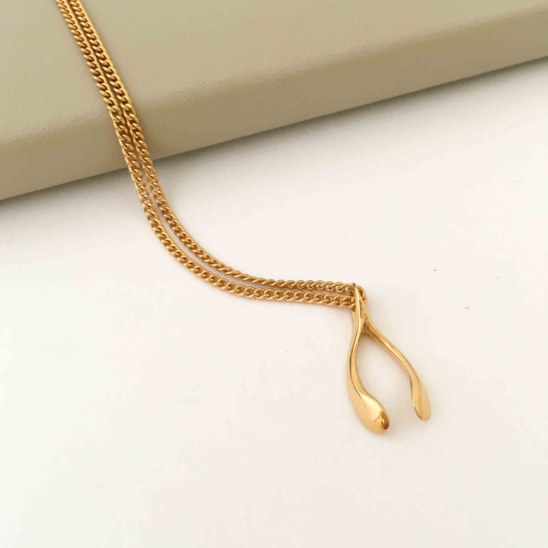 Thumbnail of Tiny Yellow Gold Plated Wishbone Necklace image