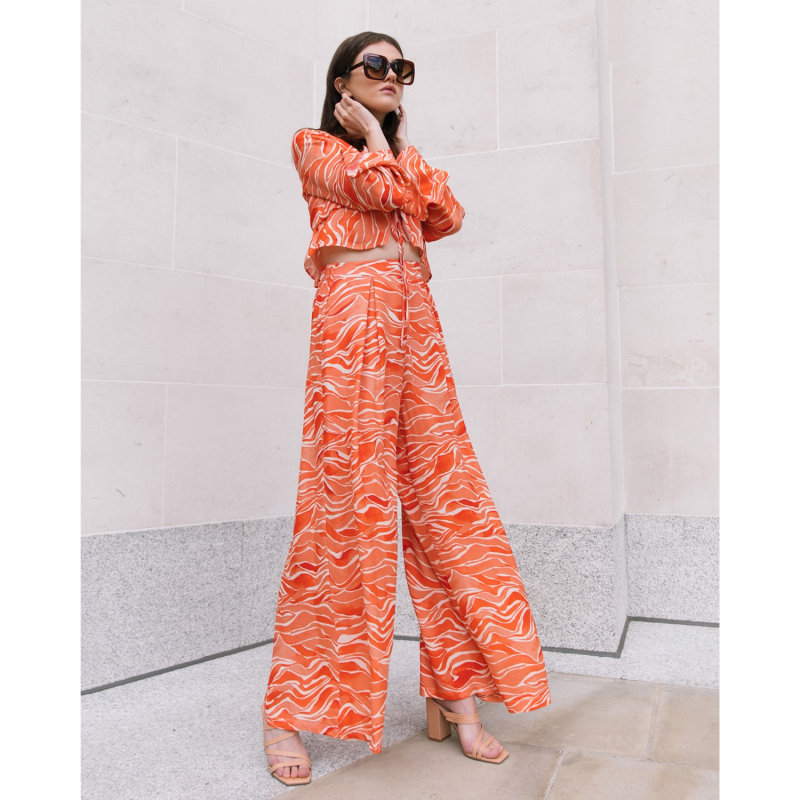 Thumbnail of The Alba Wide Leg Trousers In Orange Waves Satin image