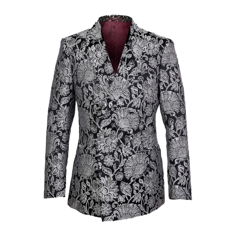 Floral Double Breasted Shawl Lapel Jacquard Blazer Black Grey
