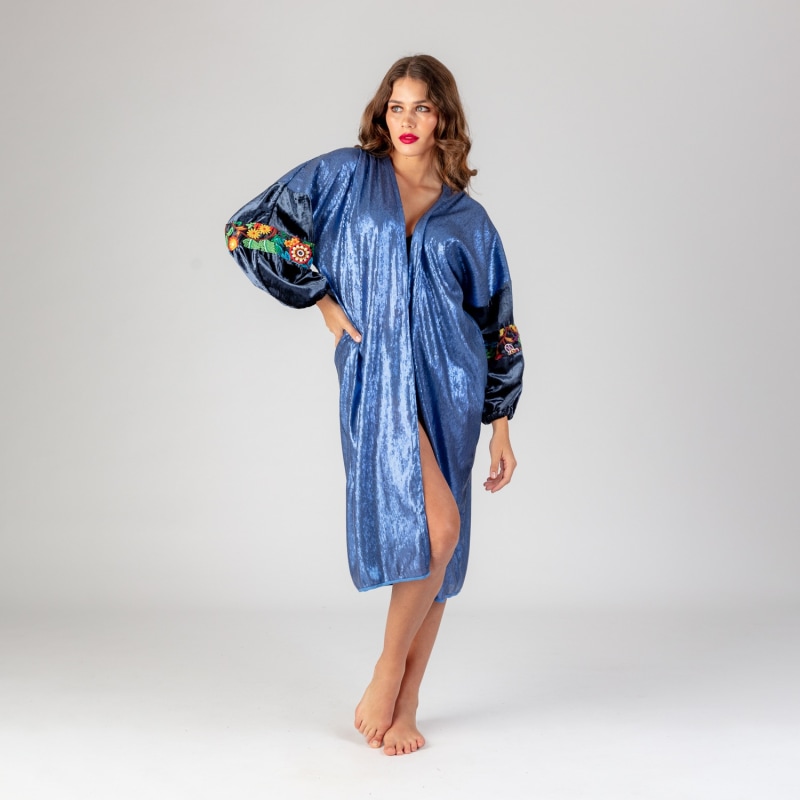 Thumbnail of Venus - Ocean Blue Sequin Robe With Velvet Sleeves and Bohemian Braid image