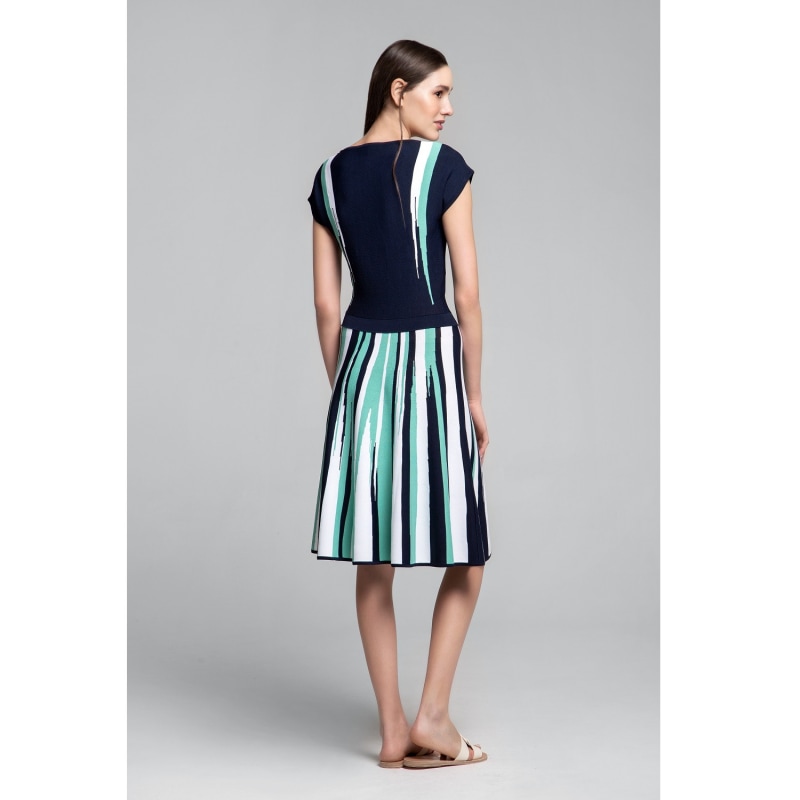 Thumbnail of Iris Striped Knitted Fit And Flare Dress In Navy And Turquoise image