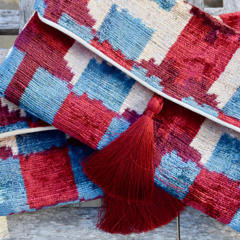 Thumbnail of Stunning Blue & Red Velvet Ikat Clutch image