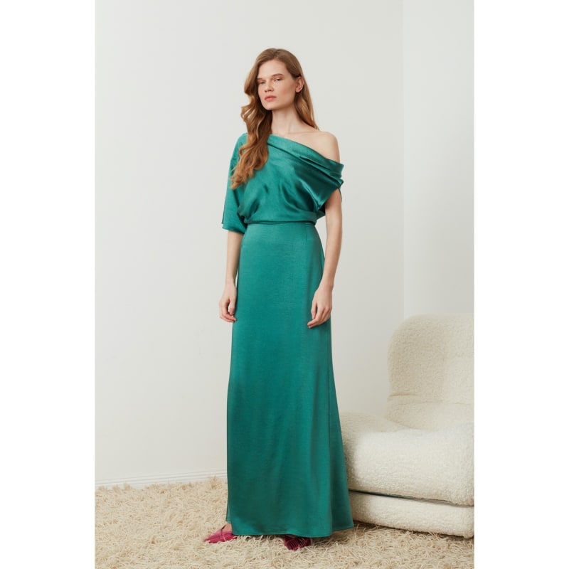 Thumbnail of Helen Green Satin Asymmetric Maxi Evening Dress image