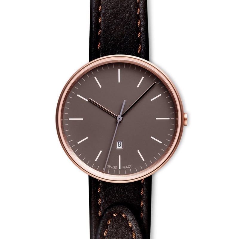 Thumbnail of Women's M38 Three-Hand Date Watch In PVD Rose Gold With Tapered Brown Nappa Leather Strap image