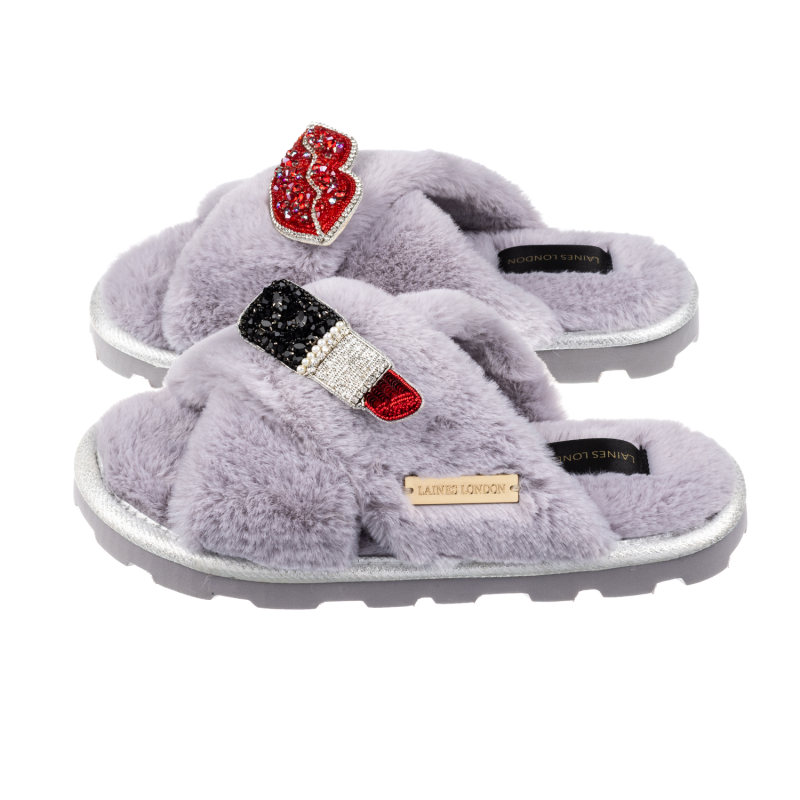Classic Laines Slippers With Red & Silver Pucker Up Brooches - Grey, LAINES LONDON