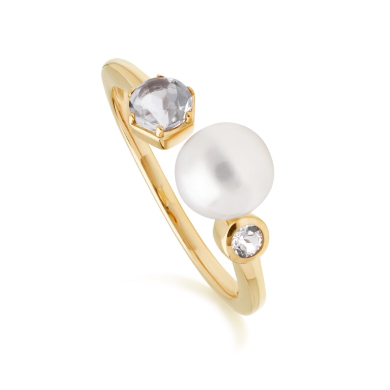 Thumbnail of White Topaz & Pearl Open Ring In Yellow Gold Plated Silver image