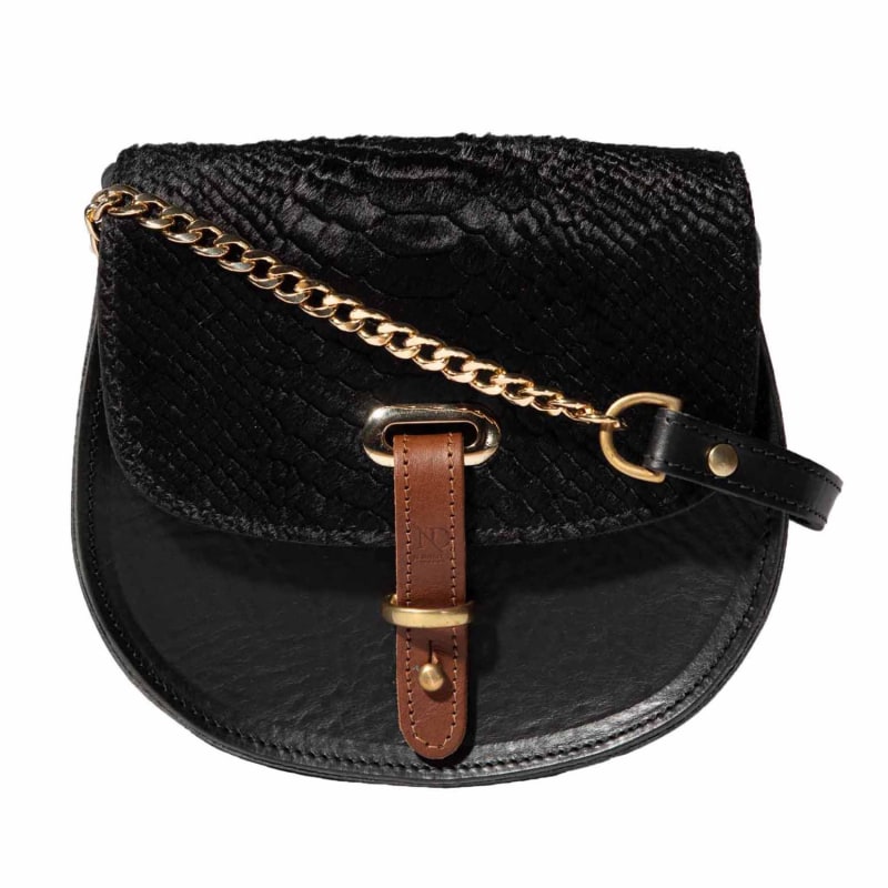 Thumbnail of Mini Victoria Alligator Print Full Grain Black Leather Crossbody Saddle Bag With Gold Chain image