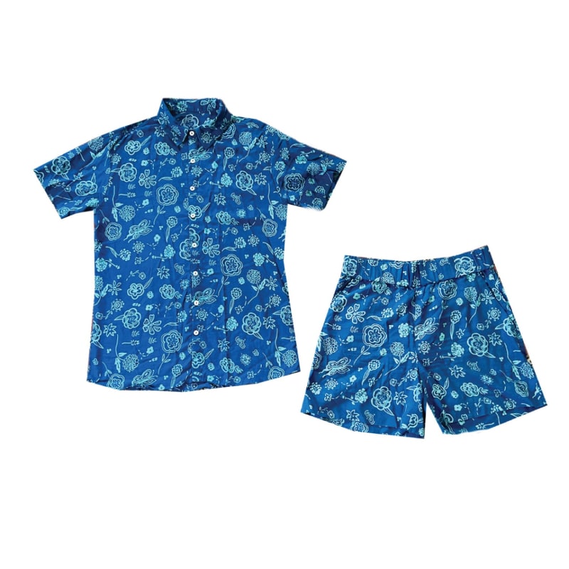 Thumbnail of Unisex Porto Two Piece Shorts & Button Up Set, Blue Floral Print, Romper, Play Set image