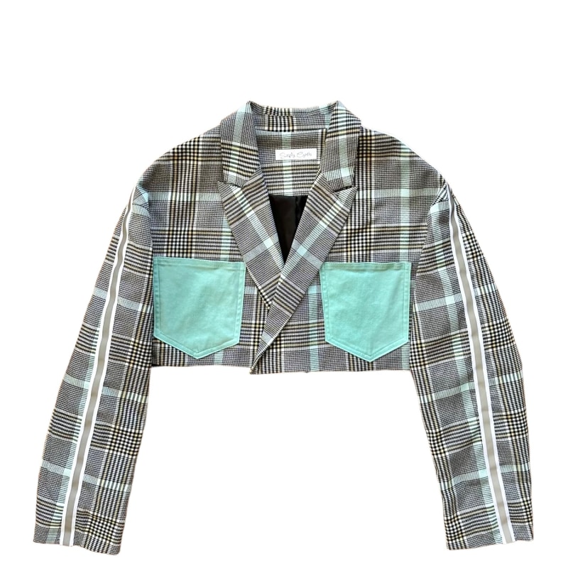 Thumbnail of Upcycled Cropped Blazer With Matching Skirt - Turquoise image