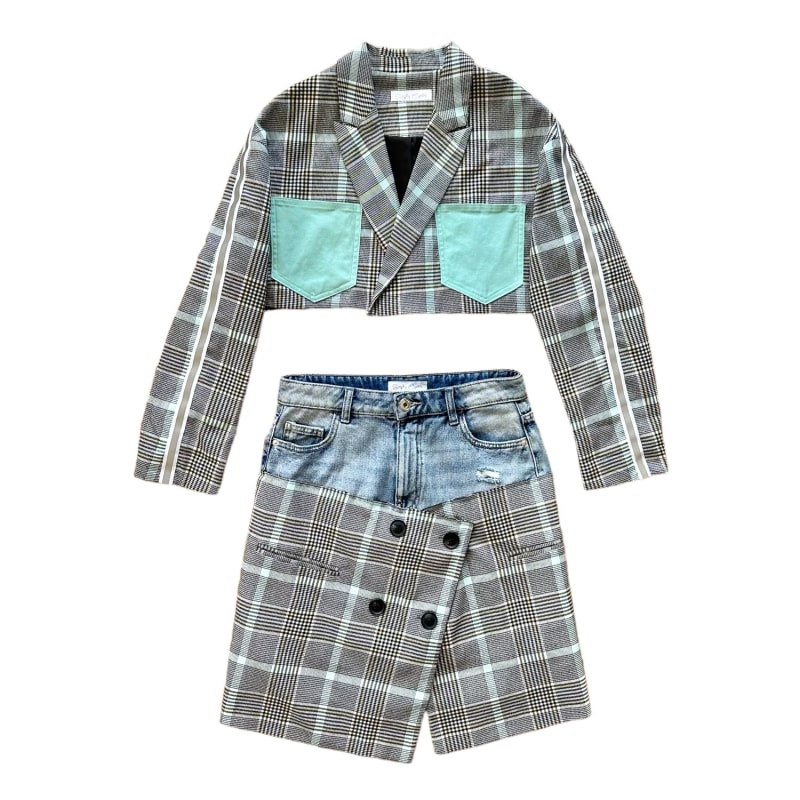 Thumbnail of Upcycled Cropped Blazer With Matching Skirt - Turquoise image