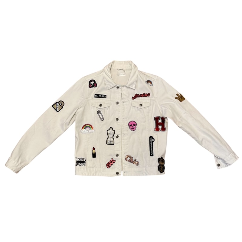 White denim jacket with patches hot sale